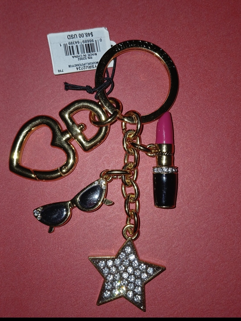 Juicy Couture Gold-Tone Keychain with Pink Lipstick & Rhinestone Star